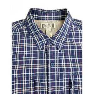 Duluth Size Large Mens Navy Tan Red Check Zip Pocket Back Vent Button Down Shirt